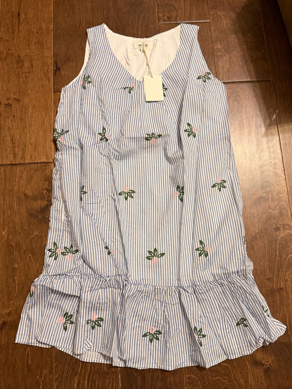 Blue Striped Sleeveless Floral Ruffle Hem Casual Dress